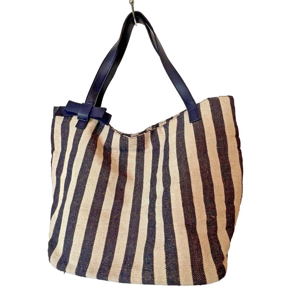 The Limited Large Navy & Ivory Striped Canvas Bow Shoulder Tote Handbag
